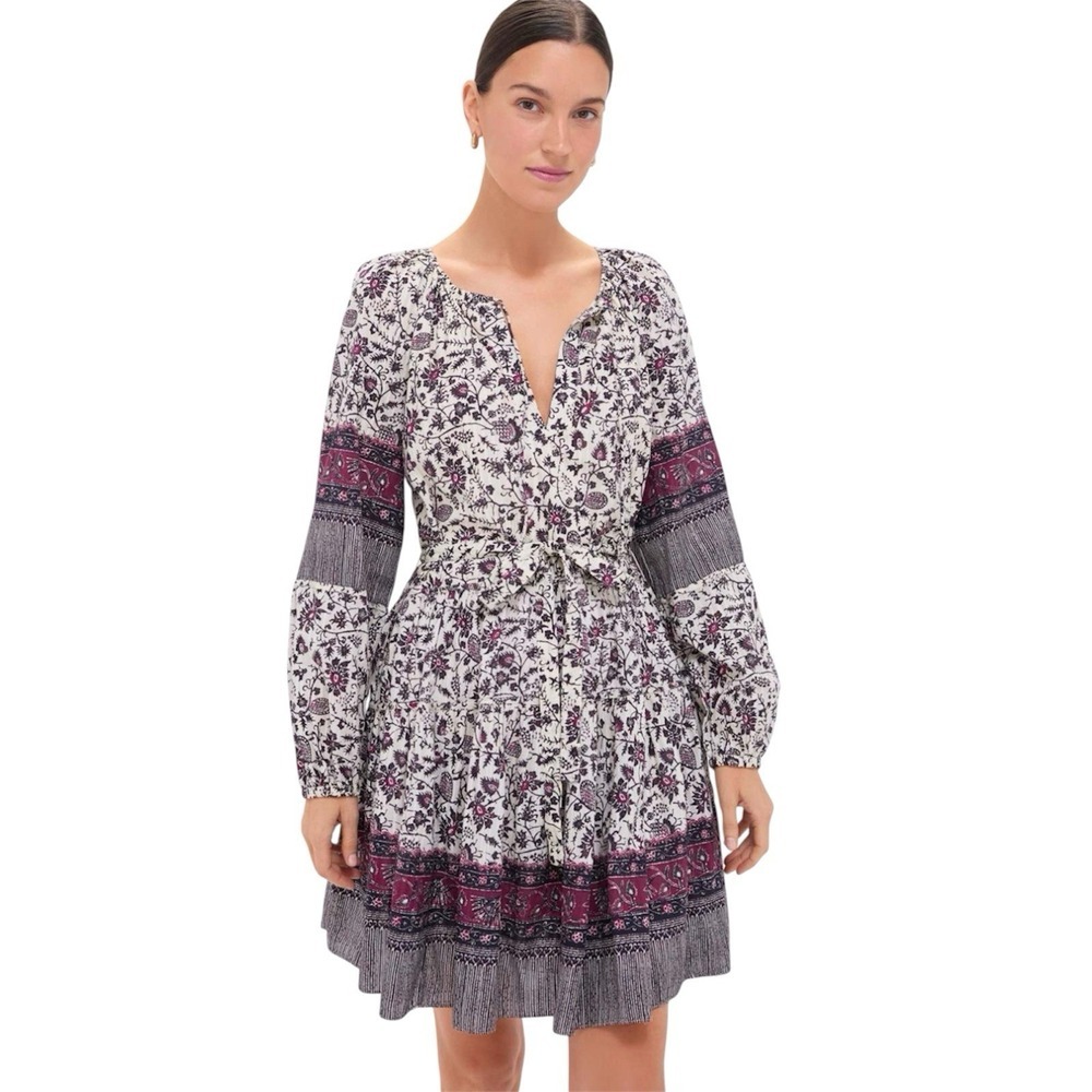 Ulla Johnson Abri Floral Mini Dress Belted Boho Long Sleeve Ivory Purple Size 0